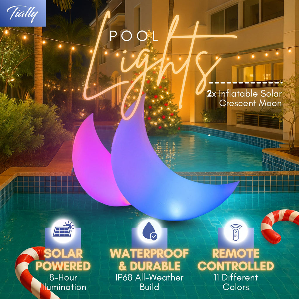 TIALLY Floating Pool Lights Solar Powered - 24" Ramadan Inflatable Light, Moon Floating Pool Decorations, Floating Solar Pool Lights for Swimming Pool, Weddings, Pool Party Decor (2 Pack)