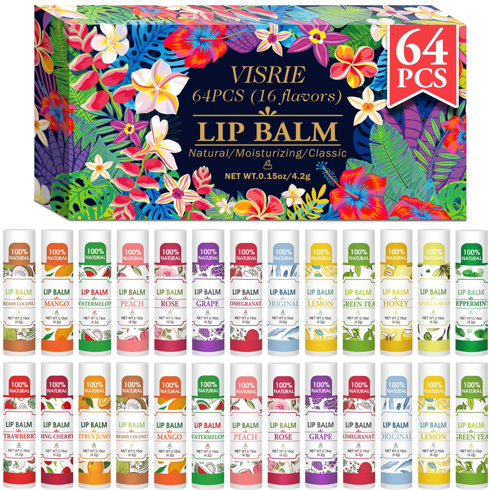 VISRIE 64 Pack Lip Balm, Natural Lip Balm Bulk with Vitamin E and Coconut Oil, Bulk Moisturizing Lip Balms for Dry Lips-16 Flavors