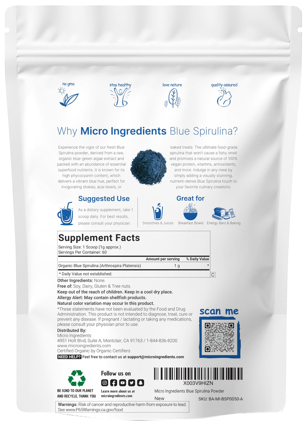 Organic Blue Spirulina Powder (Phycocyanin Extract), 60 Servings - No Fishy Smell, 100% Vegan Protein from Blue-Green Algae, Natural Luminous Food Coloring for Smoothies, Baking, Drinks & Cooking