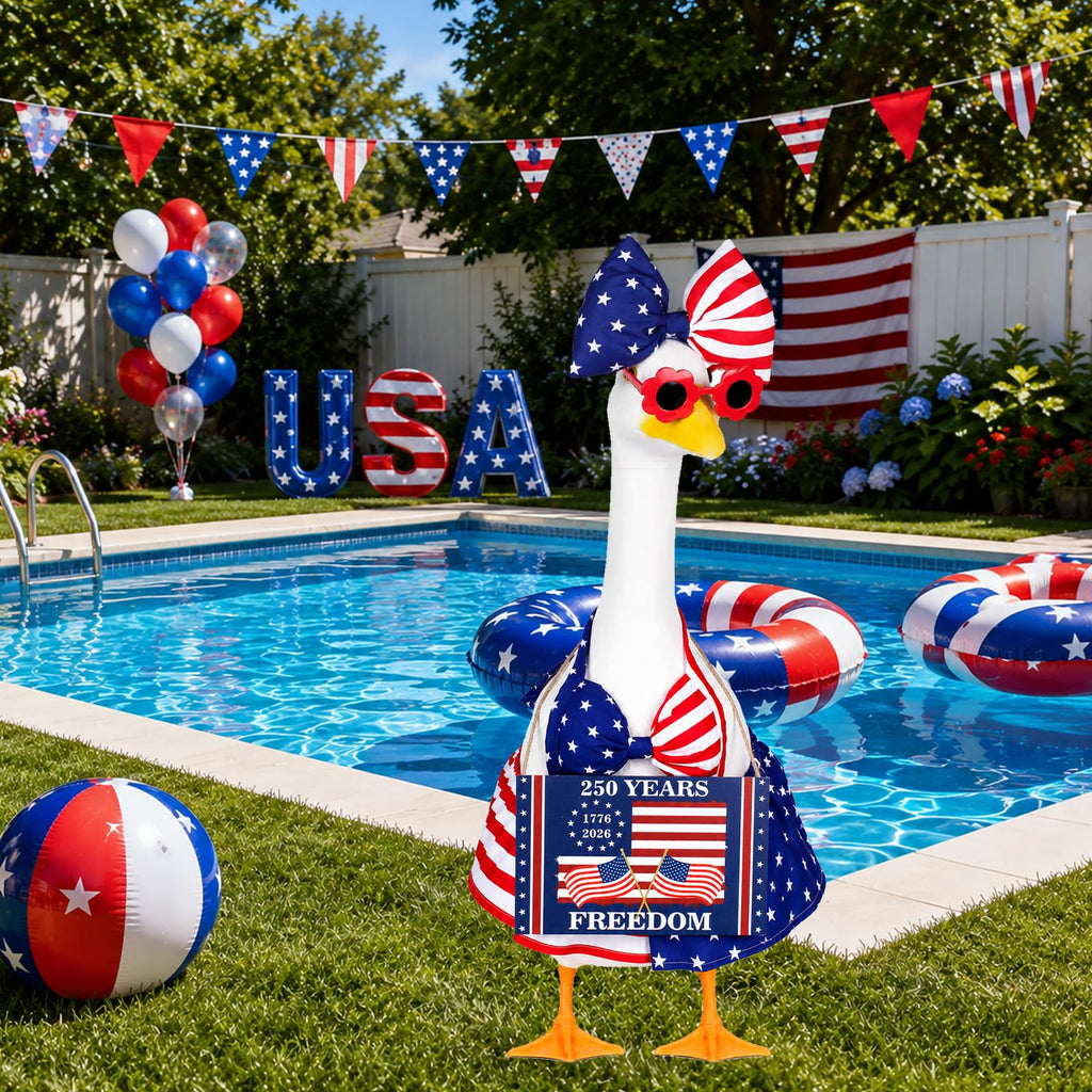ENBOFID 4th of July Bikini Porch Goose Outfits, Patriotic Summer Goose Outfits Costume for 23inch Plastic Cement Statue, Independence Day Goose Outfits Clothes for Outdoor Garden Patio Decor