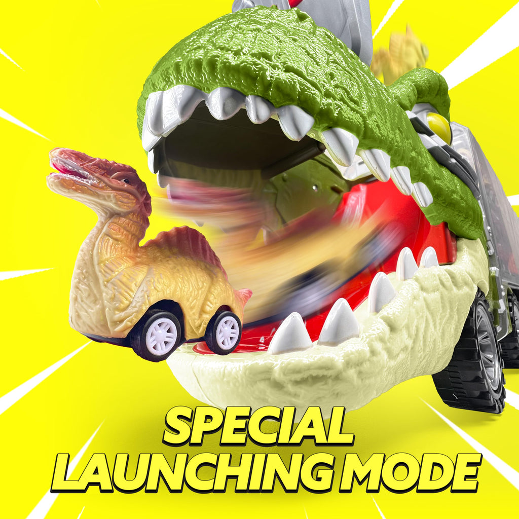 JOYIN Dinosaur Truck Toys for Kids Age 3-8, 12 Pull Back Car Vehicles, Transport Truck With Music, Roaring Sound, Flashing Lights, 1 Helicopter