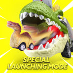 JOYIN Dinosaur Truck Toys for Kids Age 3-8, 12 Pull Back Car Vehicles, Transport Truck With Music, Roaring Sound, Flashing Lights, 1 Helicopter