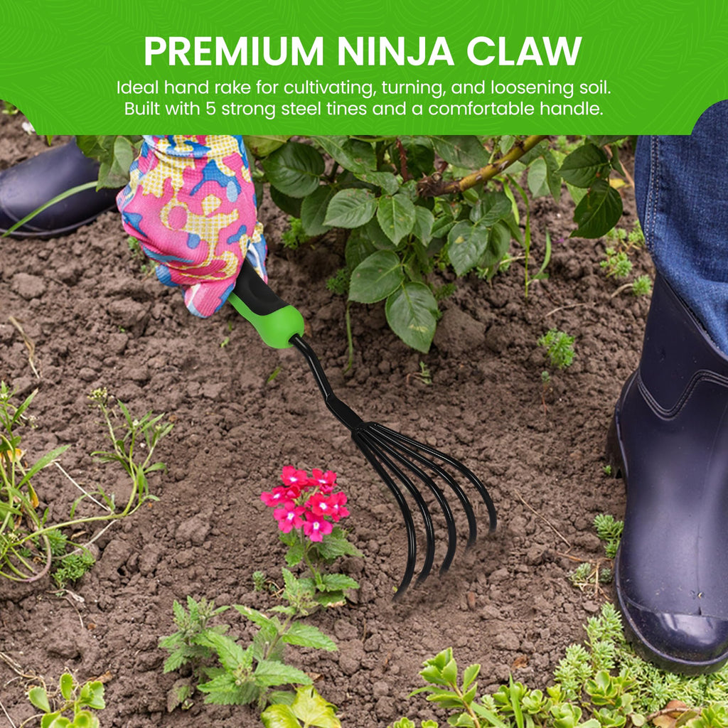 Garden Guru Hand Rake Cultivator Claw Soil Tiller with Ergonomic Handle - Military Grade Steel & Rust Resistant - 5 Tine Japanese Ninja Claw - Perfect Pulverized and Aerated Soil