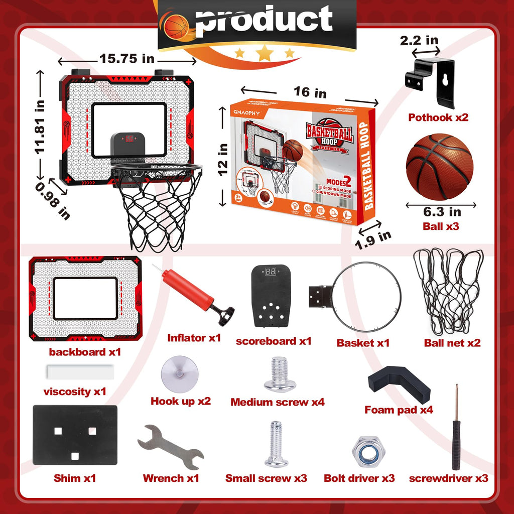 Mini Basketball Hoop for Kids, Over The Door Indoor Basketball Hoops, Red