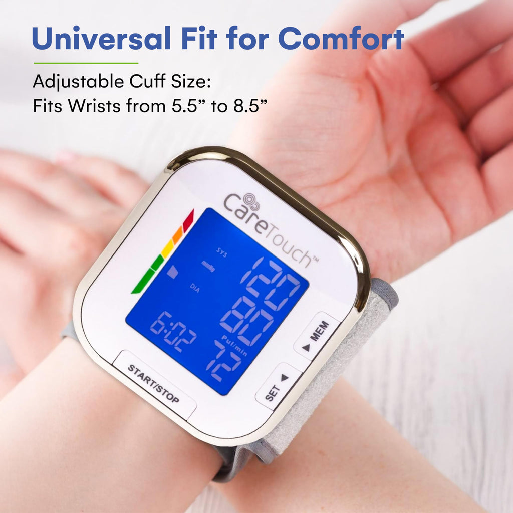 Care Touch Digital Wrist Blood Pressure Monitor for Adults Size 5.5-8.5" for Home Use, Automatic High Blood Pressure Machine with Batteries & Carrying Pouch