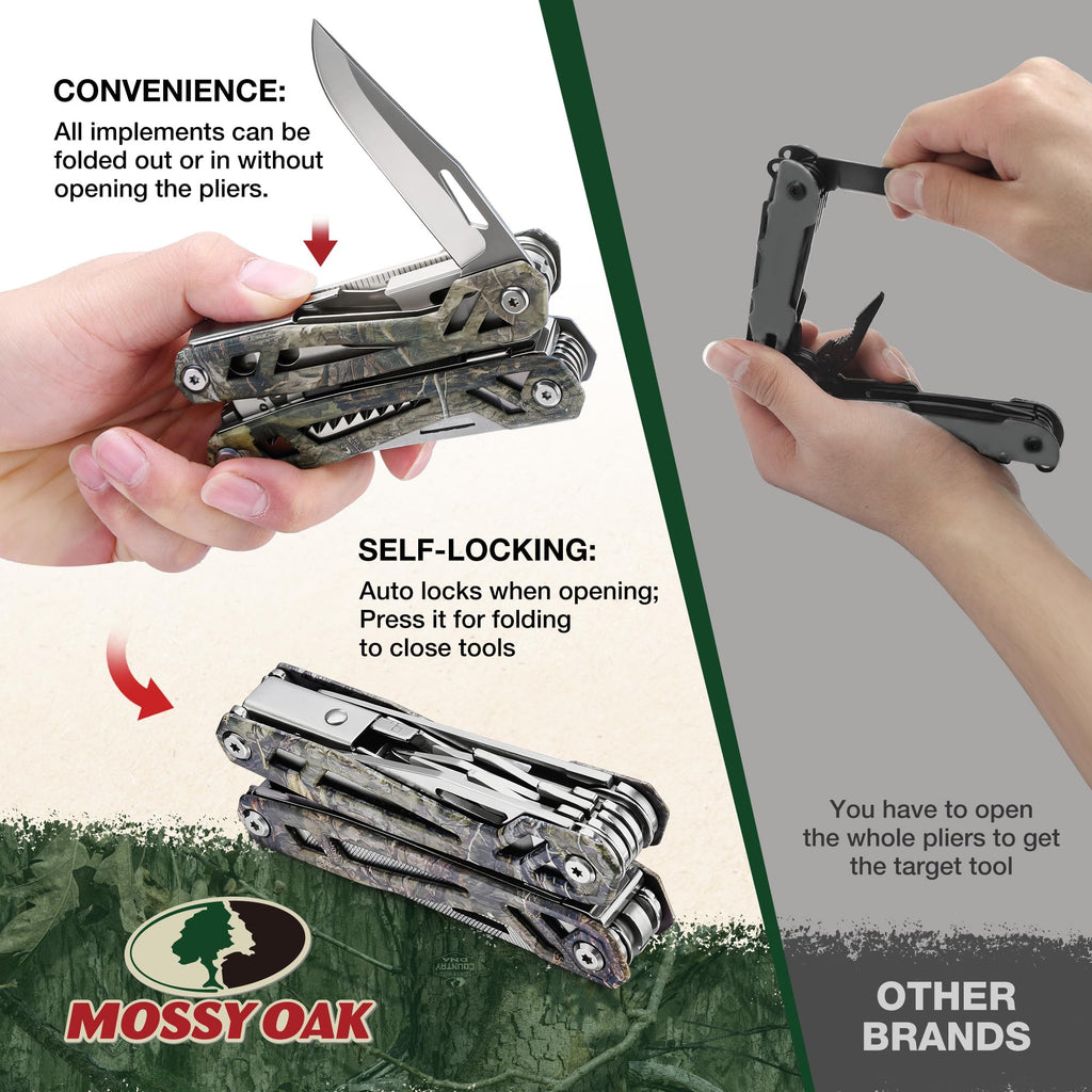MOSSY OAK Multitool, 22-in-1 Stainless Steel Pliers with Screwdriver Sleeve, Camo Steel Handle, Self-locking Knife with Sheath-Perfect for Outdoor, Survival, Camping, Hiking, Simple Repair
