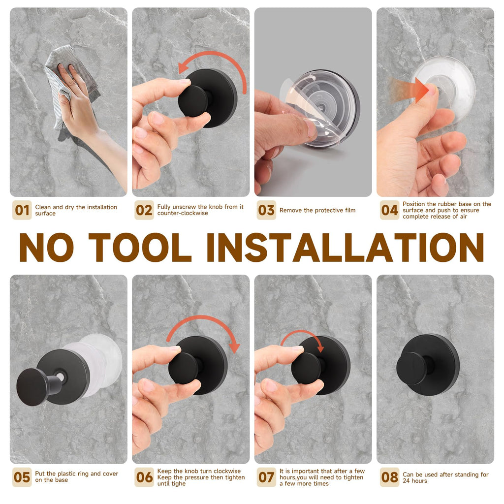 AuraHaven Suction Cup Shower Hooks for Inside Shower – 15 LB Heavy-Duty No-Drill Towel Hooks, Removable & Reusable for Towels, Robes & Loofah, Waterproof for Glass & Tile(4 Black)