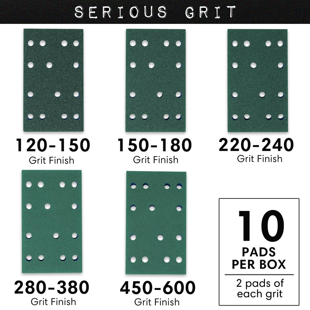 Serious Grit - 3" x 5" (80x133mm) Foam Sanding Pads - P120-600 Assorted Finish Grit - 1/2" Thick Low Density Foam - Hook & Loop - Fits Festool RTS 400 & Mirka DEOS 3x5 Sanders – Made in USA – 10 Pack