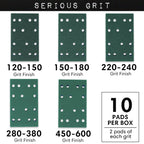 Serious Grit - 3" x 5" (80x133mm) Foam Sanding Pads - P120-600 Assorted Finish Grit - 1/2" Thick Low Density Foam - Hook & Loop - Fits Festool RTS 400 & Mirka DEOS 3x5 Sanders – Made in USA – 10 Pack