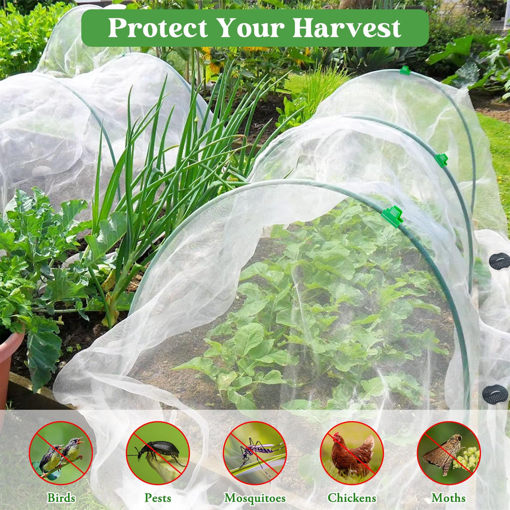 Unves 67 Pcs Garden Netting Kit, 10x25 Ft Ultra Mosquito Bird Netting with 6 Hoops & 12 Clips, Fruit Tree Netting for Patio Raised Beds Vegetable Flowers Protection Barrier