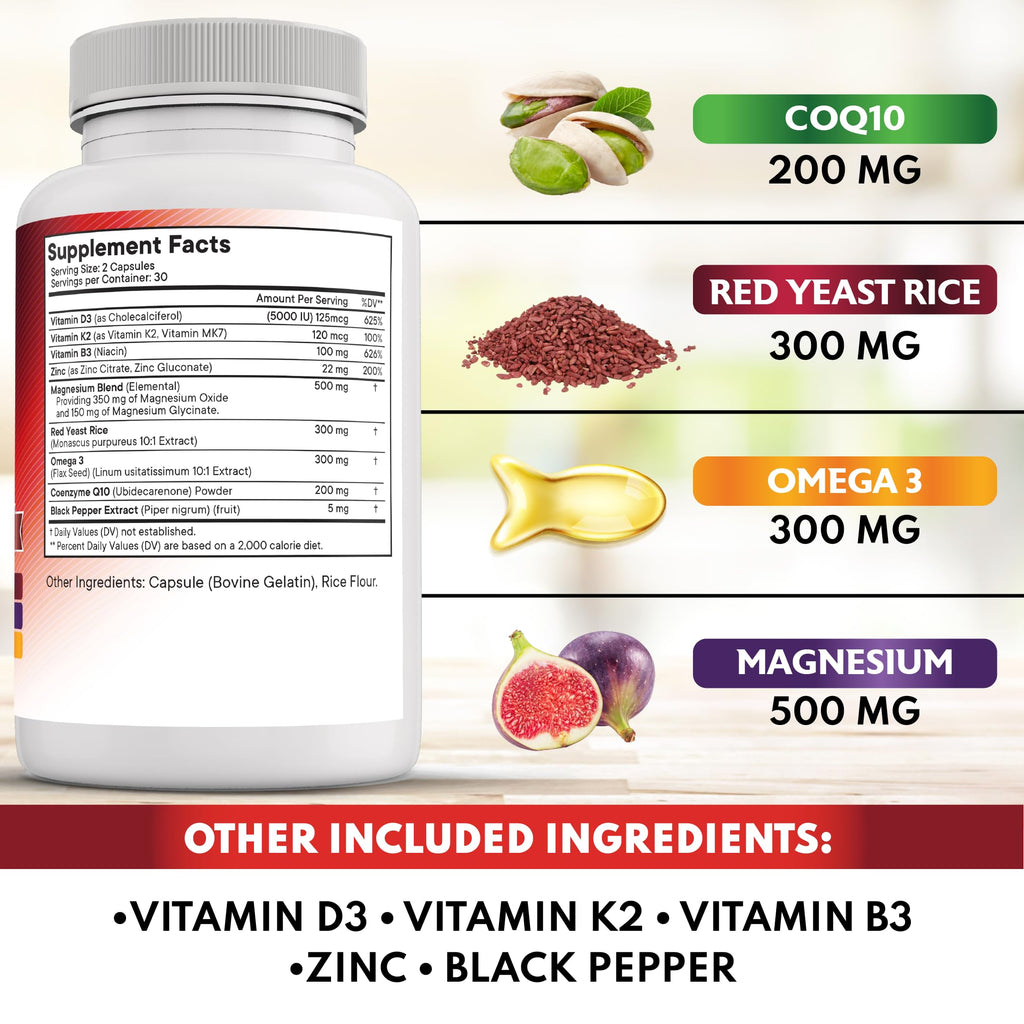 NEW AGE COQ10 200mg Red Yeast Rice Omega 3-6-9 Magnesium Complex Zinc Vitamin K2 D3 - Support Vitamins for Women and Men with Vitamin B3, Coenzyme Q10-180 Count