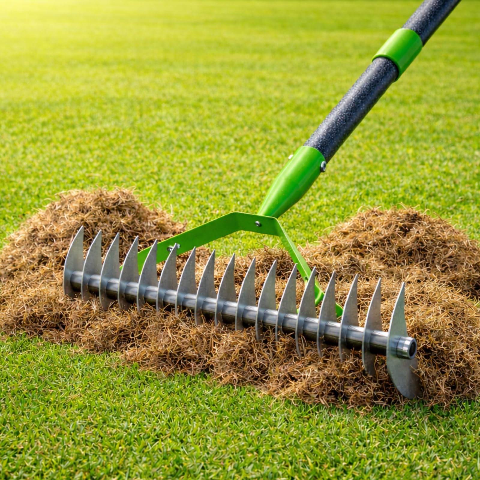 Heavy Duty Thatch Rake, 13" Dual-Sided, 21 Carbon Steel Tines, 70" Handle