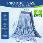 6 Pack Commercial Mop Head Replacement – Heavy Duty Mop Head for General and Floor Cleaning | Industrial Wet Mops | Washable Refill, Reusable, Looped End Mopheads | Hardwood, Concrete