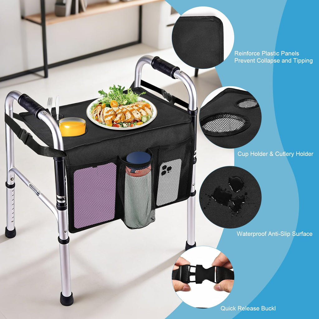 Cejiuga Walker Tray for Folding Walker, Premium Tray for Walker for Seniors with Cup Holder, Walker Trays for Rolling Folding Walker, Walker Accessories for Seniors (Black)