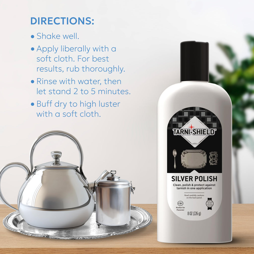 Tarni-Sheild Silver Polish - Clean, Polish, and Protect Against Tarnish - 8 Ounces – Safely Cleans Silver, Copper, Brass, and Other Metals in Just One Application - 6 Pack