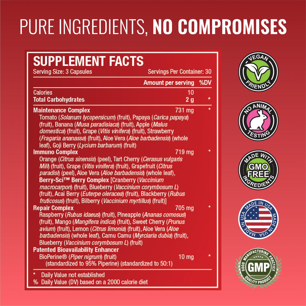 Approved Science Fruits & Veggies - 42 Whole Fruit and Veggie Supplement - Enhanced Health & Vitality - Daily Natural Vitamins, Minerals, Antioxidants - 180 Capsules Each - 2-Month Supply
