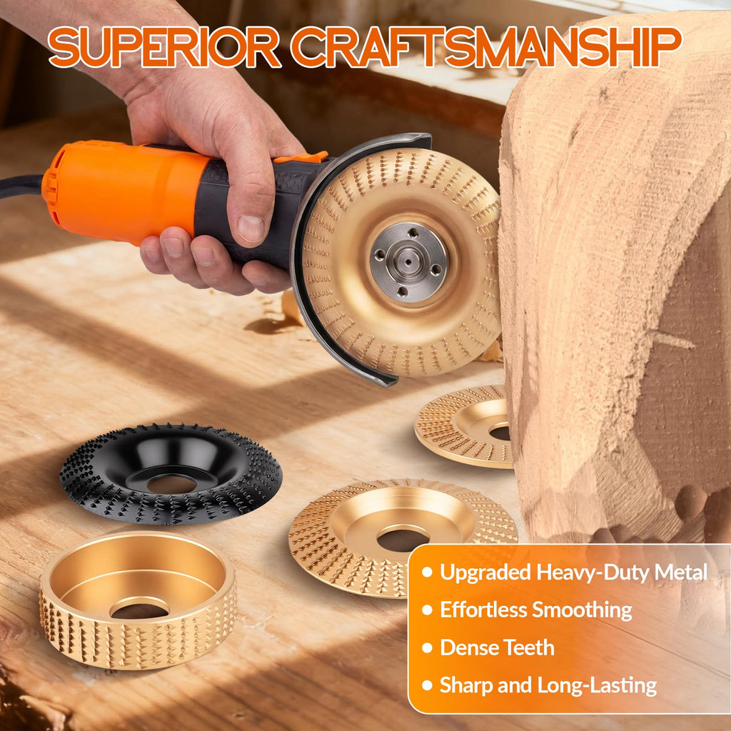Beaiguna 5PCS Wood Carving Disc, 4IN and 4 1/2IN Angle Grinder Attachments Stump Grinder Wheel, Angle Grinder Wood Carving Shaping Disc Tools Set, Upgraded Wood Grinding Wheel Discs