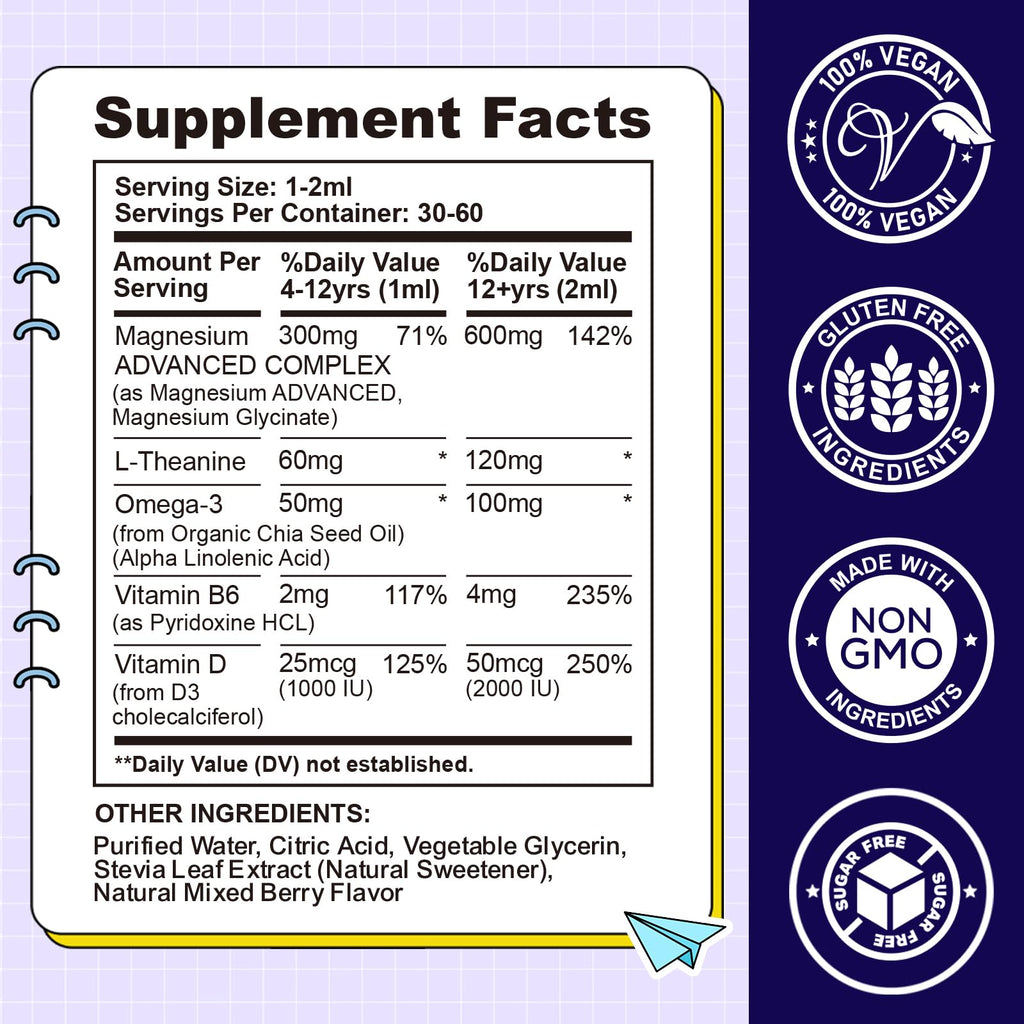 Kids Magnesium Liquid Drops-Magnesium Glycinate Liquid for Kids Supplement-w/L-theanine, Omega-3, Vitamin B6, D3 - for Sleep, Relaxation, Brain, Bones - Mixed Berry Flavor, 4 Fl Oz