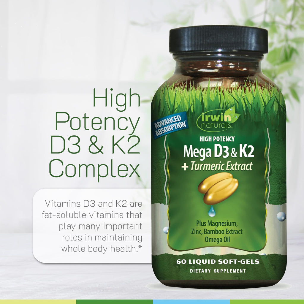 Irwin Naturals High Potency Mega D3 & K2 + Turmeric Extract — 60 Liquid Soft-Gels - 3 Pack