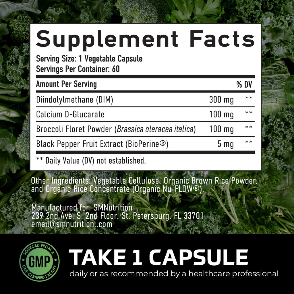 DIM Supplement for Men 300mg | Estrogen Blocker & Aromatase Inhibitor | Extra Strength Men’s Hormone Balance & Fitness Booster with Diindolylmethane Plus CDG & Broccoli Floret | Gluten-Free | 60 Ct