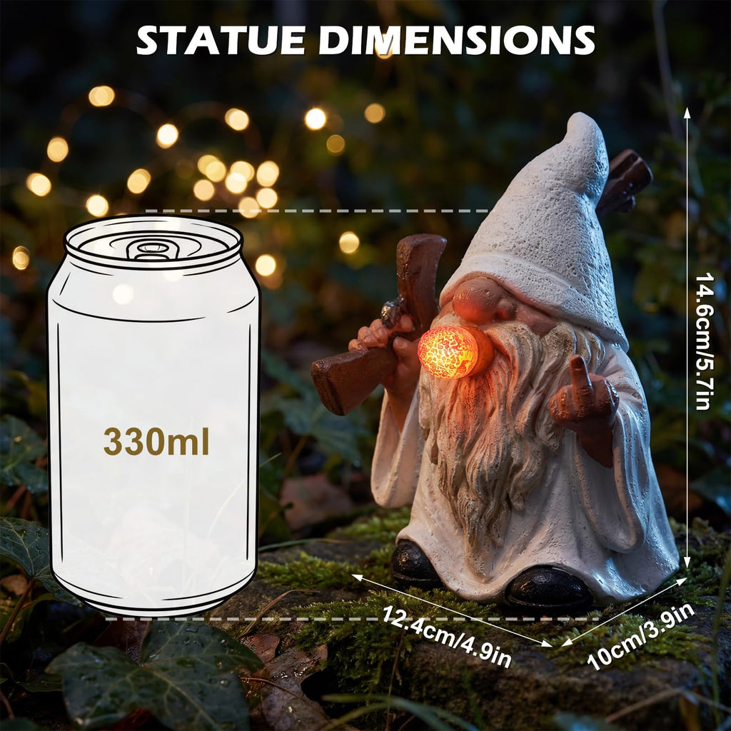 EXYGLO Solar Gnome Garden Statue Decor, 5.7" Middle Finger Gnome with Flickering Cigar Outdoor Funny Decoration for Lawn, Patio, Yard, and Unique Housewarming, Individual Birthday Ornament Gift