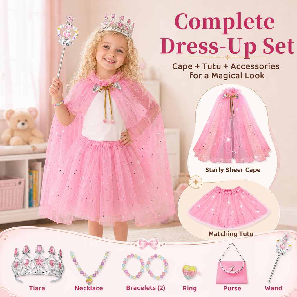 Meland Princess Dress Up for Girls 3-8, Princess Cape with Crown & Tutu Skirt, Birthday Gift for Girls 3 4 5 6 7 8 Years Old, Toys for Toddler Kids Pretend Play, Halloween Costume, Christmas, Party