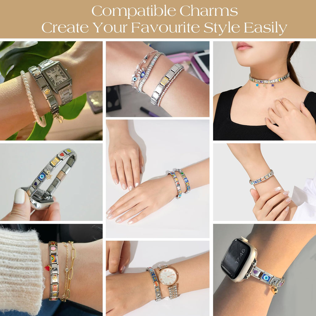 Stainless Steel Italian Charm Bracelet, 18 Link Starter Bracelet 9mm Charms