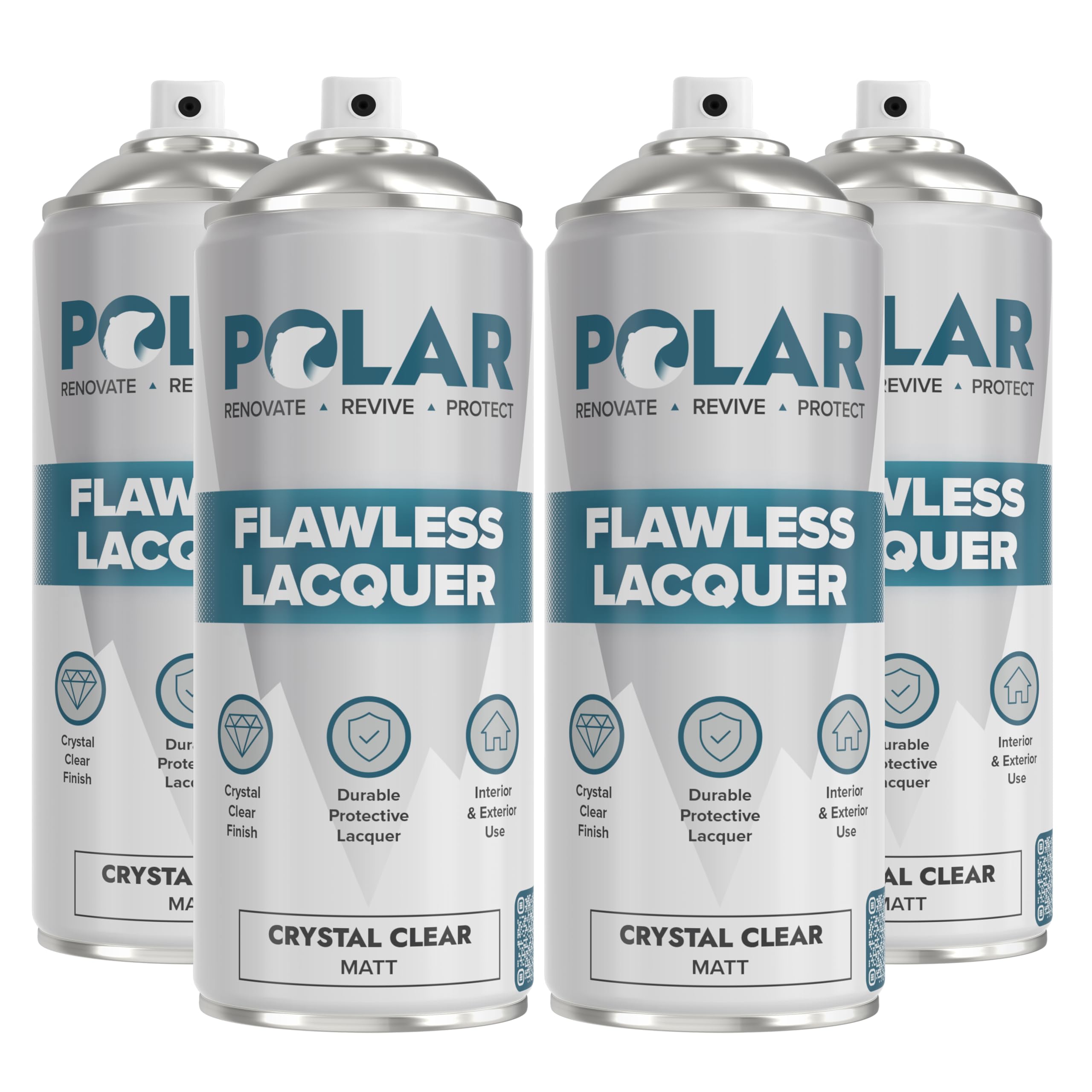 Polar Clear Matte Flawless Lacquer Spray - 4 x 13.5 Fl Oz - Clear Coat Spray Paint - Non-Yellowing & Scratch Resistant - Interior & Exterior Surfaces for Wood, Metal, Plastics, Glass & Ceramics
