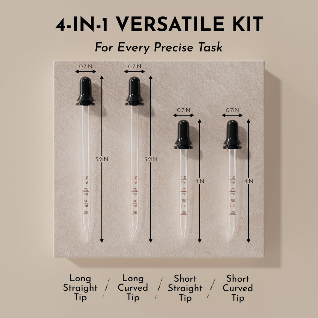 PrettyCare Eye Dropper 4 Pcs, Glass Eye Dropper for 30 ml Essential Oils Bottles Round Tip Measured Medicine Droppers Calibrated 1 ml Capacity