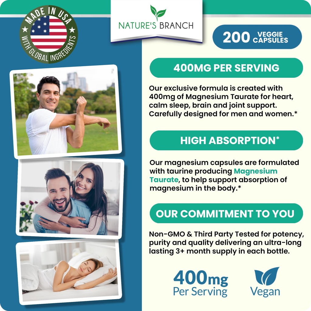 Magnesium Taurate 400mg | High Absorption | 200 Capsules for Sleep, Heart Health, Calm, Joint Supplement for Women and Men | Pure Elemental Mag Powder Plus Taurine - Extra Strength Pills