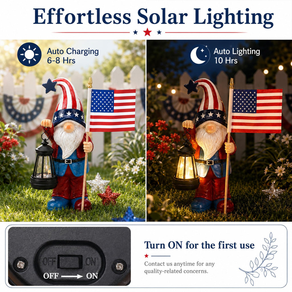 Nacome Solar Patriotic Gnomes Statues with Flag for Garden Decor