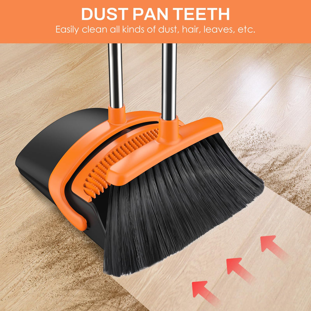 EZKEY Broom and Dustpan Set for Home, 51-in Long Adjustable Handle Angle Broom and Dustpan Combo Set with Dust Pan Teeth to Clean Hair for Home Kitchen Office Lobby Floor Garden, Black Orange