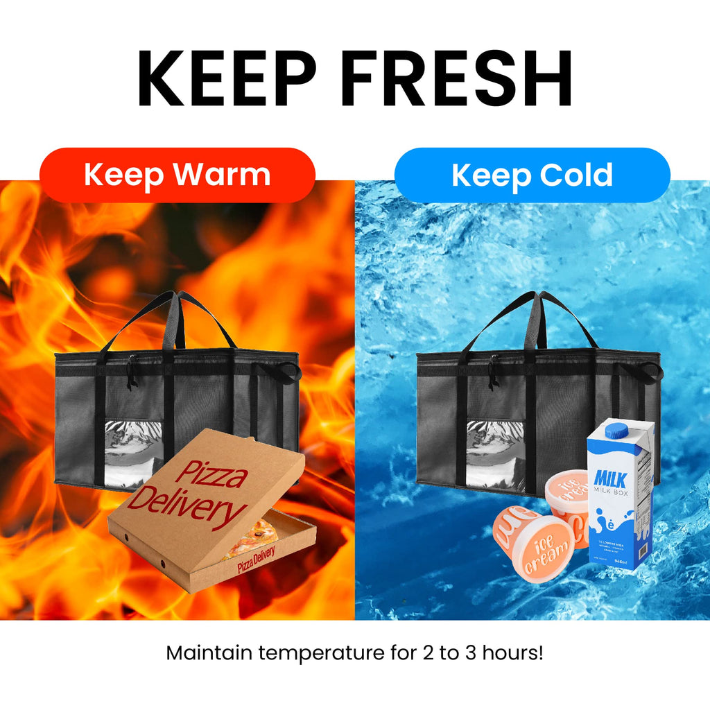 NZ home Insulated Bags for Food Delivery (3XL) Grocery Shopping Cooler Bag, Pizza Delivery, Hot & Cold Catering Tote, Reusable, Foldable & Heavy Duty (2 Pack, Black)