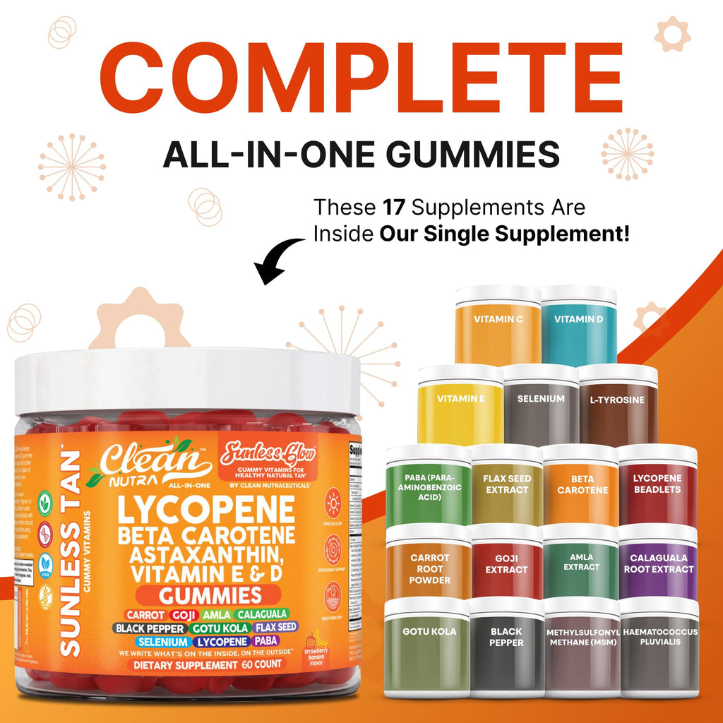 Sunless Glow Lycopene Beta Carotene Tanning Gummies Astaxanthin Vitamin C D E Flax Seed Selenium Amla l Tyrosine PABA Black Pepper 60 Count Strawberry Banana Flavor by Clean Nutra