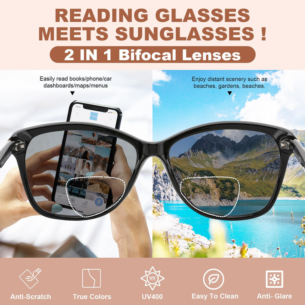 SKYOLUY Premium Bifocal Reading Sunglasses for Women, Retro Cateye Sun Readers UV400 Protection, Classic Shades Black & Tortoise (1 Black & 1 Tortoise, 2.00)