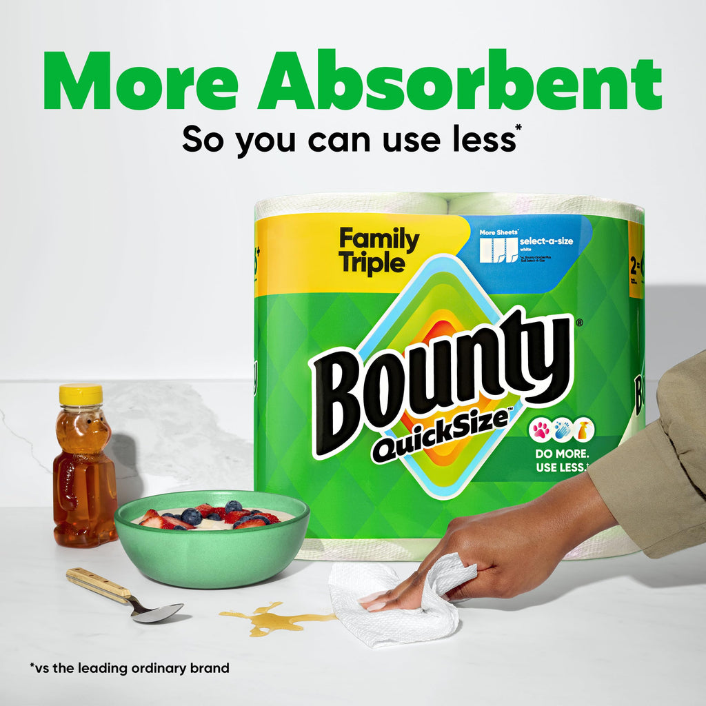 Bounty Quick-Size Paper Towels, White, 12 Family Triple = 40 Regular Rolls