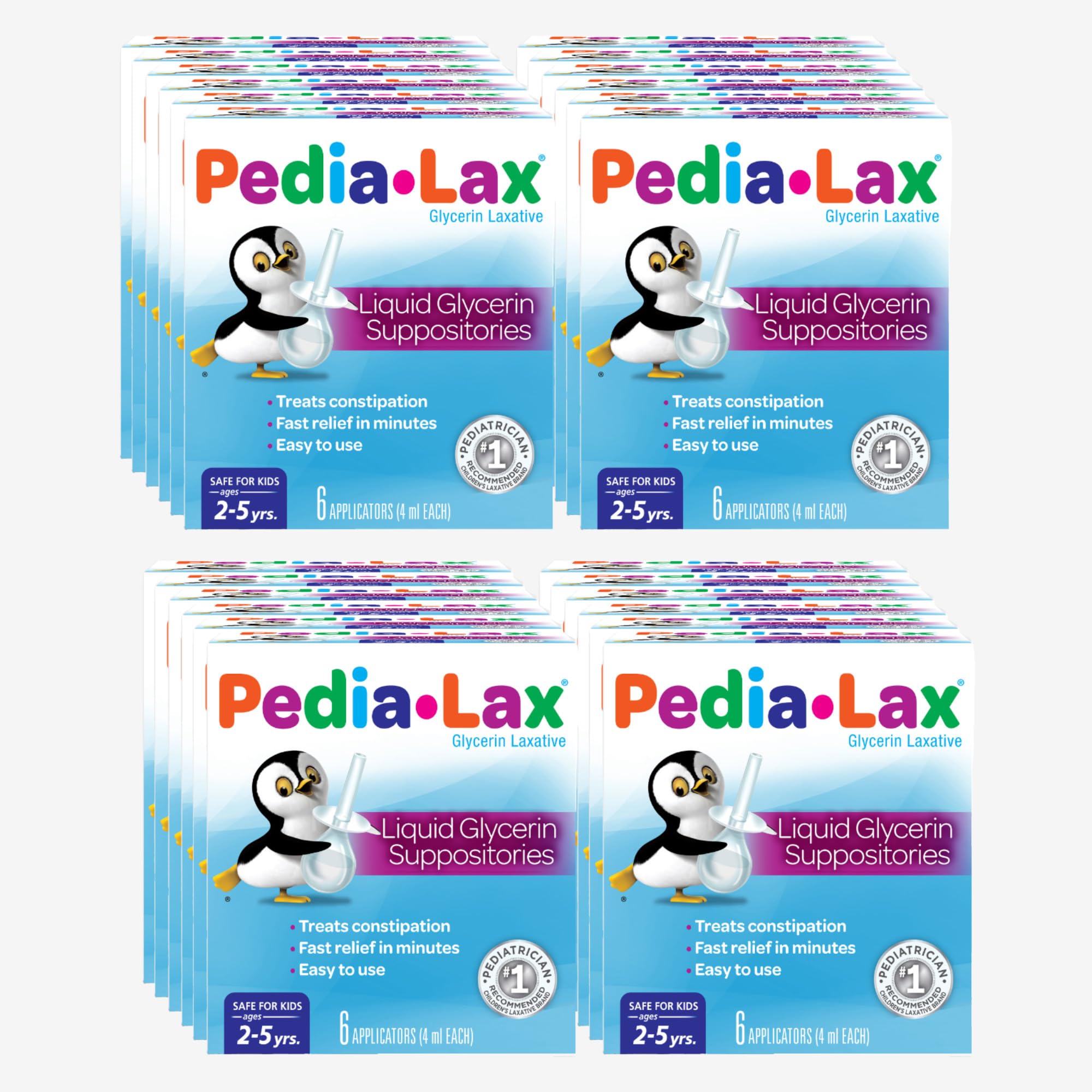 Pedia-Lax Liquid Glycerin Suppositories for Kids Ages 2-5, Gentle Constipation Relief Laxative for Children, 6 Count, Pack of 24