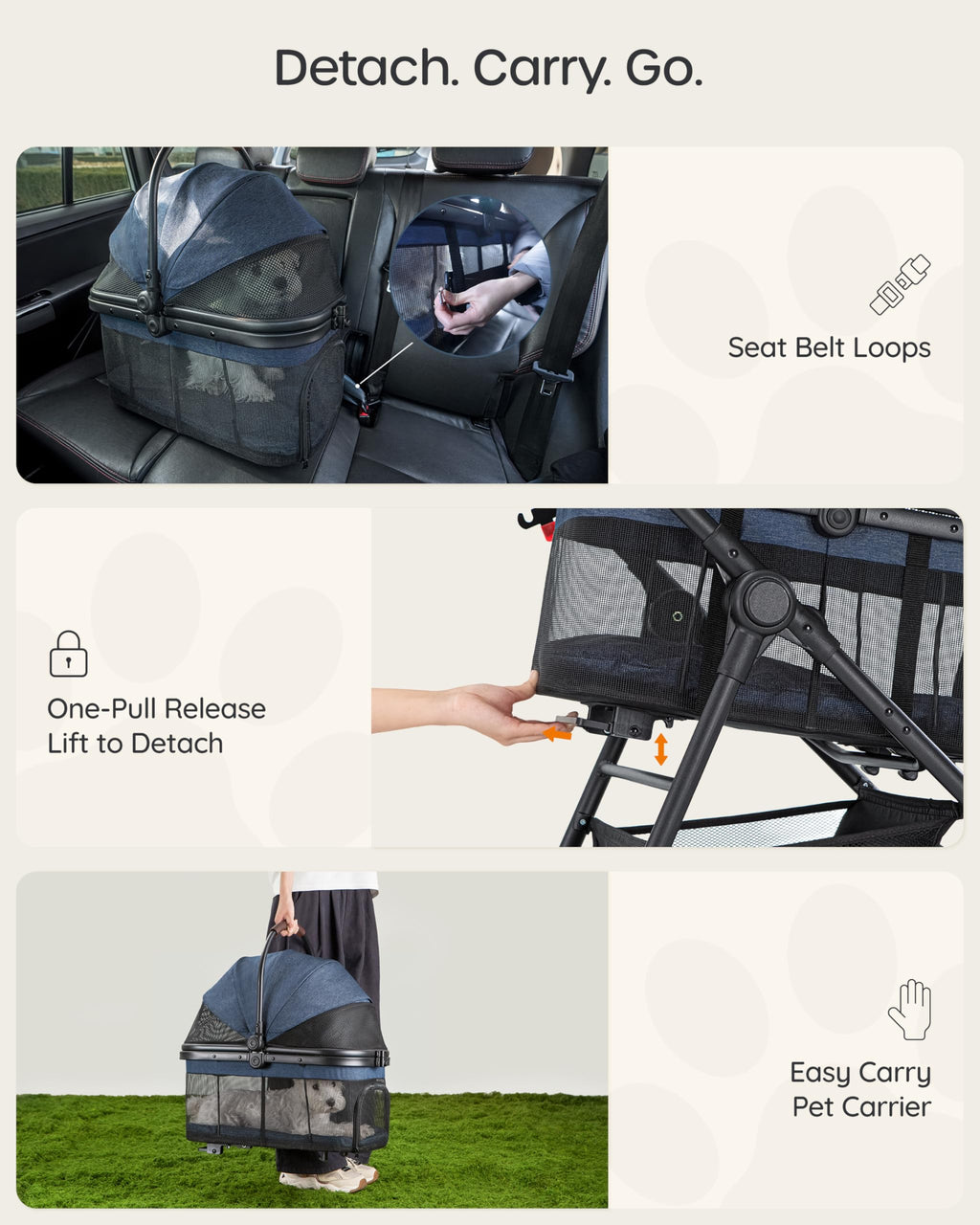 OJCME 3 in 1 Pet Carrier Stroller with Detachable Carrier, Foldable Dog & Cat Stroller for Small/Medium Dogs up to 33 lbs, Large Storage Bag, Full Window Mesh, One-Touch Dual Brake, Car Seat