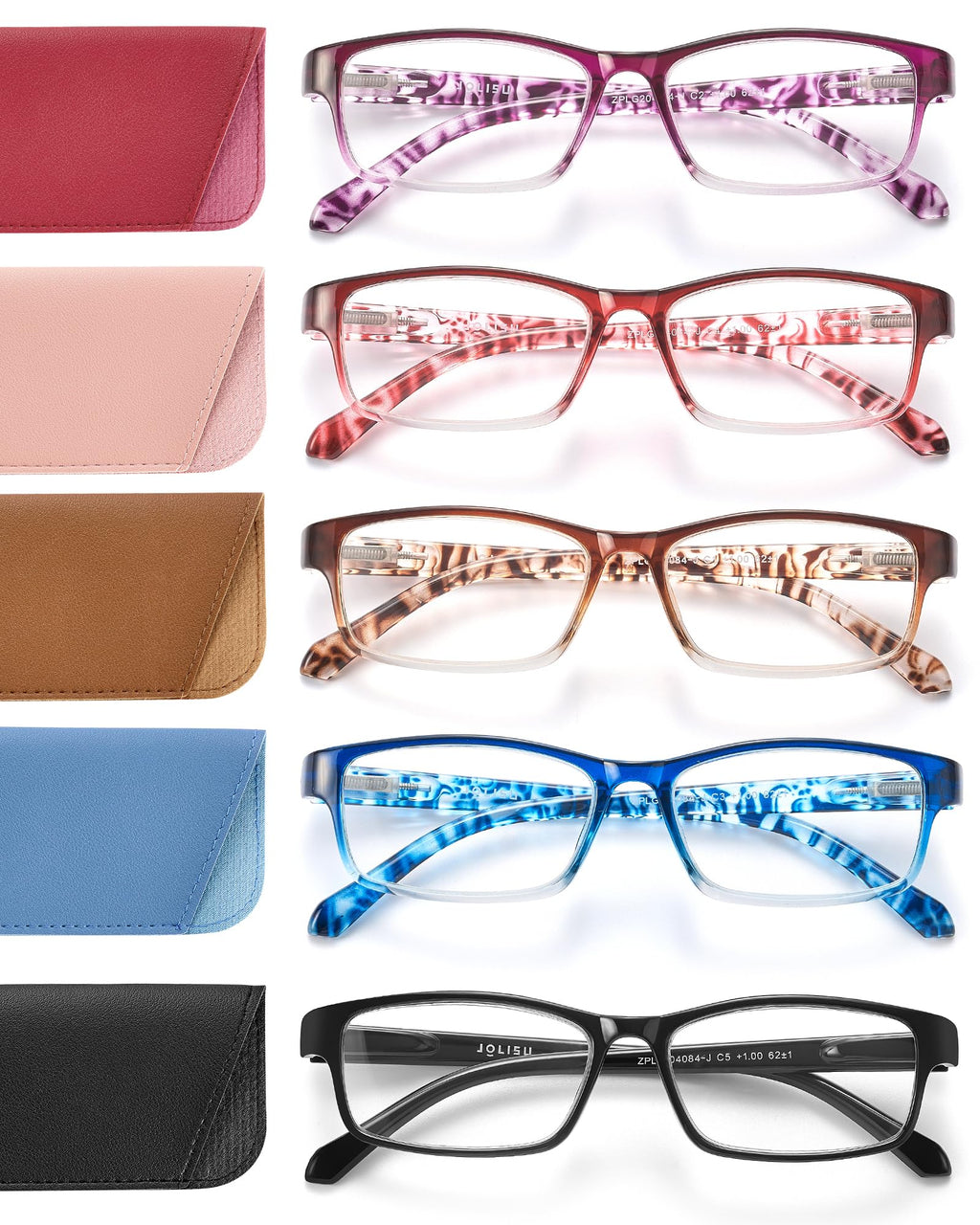 JOLISU 5 Pack Reading Glasses for Women and Men, Lightweight Eyeglasses with Spring Hinge, Blue Light Blocking Readers-1.75