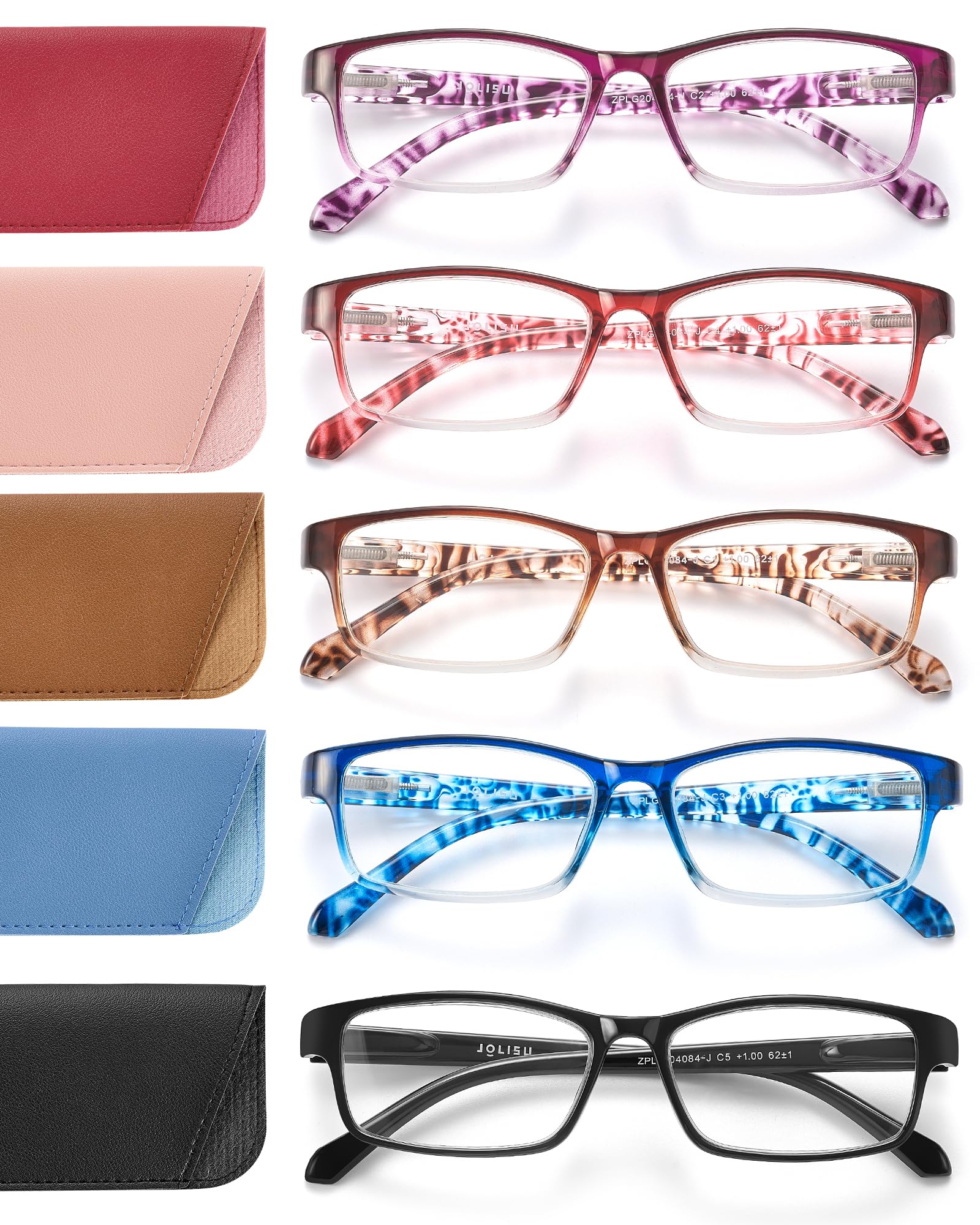 JOLISU 5 Pack Reading Glasses for Women and Men, Lightweight Eyeglasses with Spring Hinge, Blue Light Blocking Readers-1.75