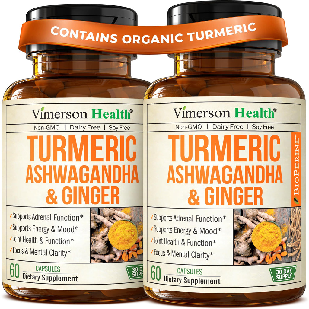 Ashwagandha Organic Turmeric Curcumin Supplement with Ginger Root & Black Pepper – Joint Health, Energy & Immune Support – Antioxidant Blend with 95% Curcuminoids – 2 Pack
