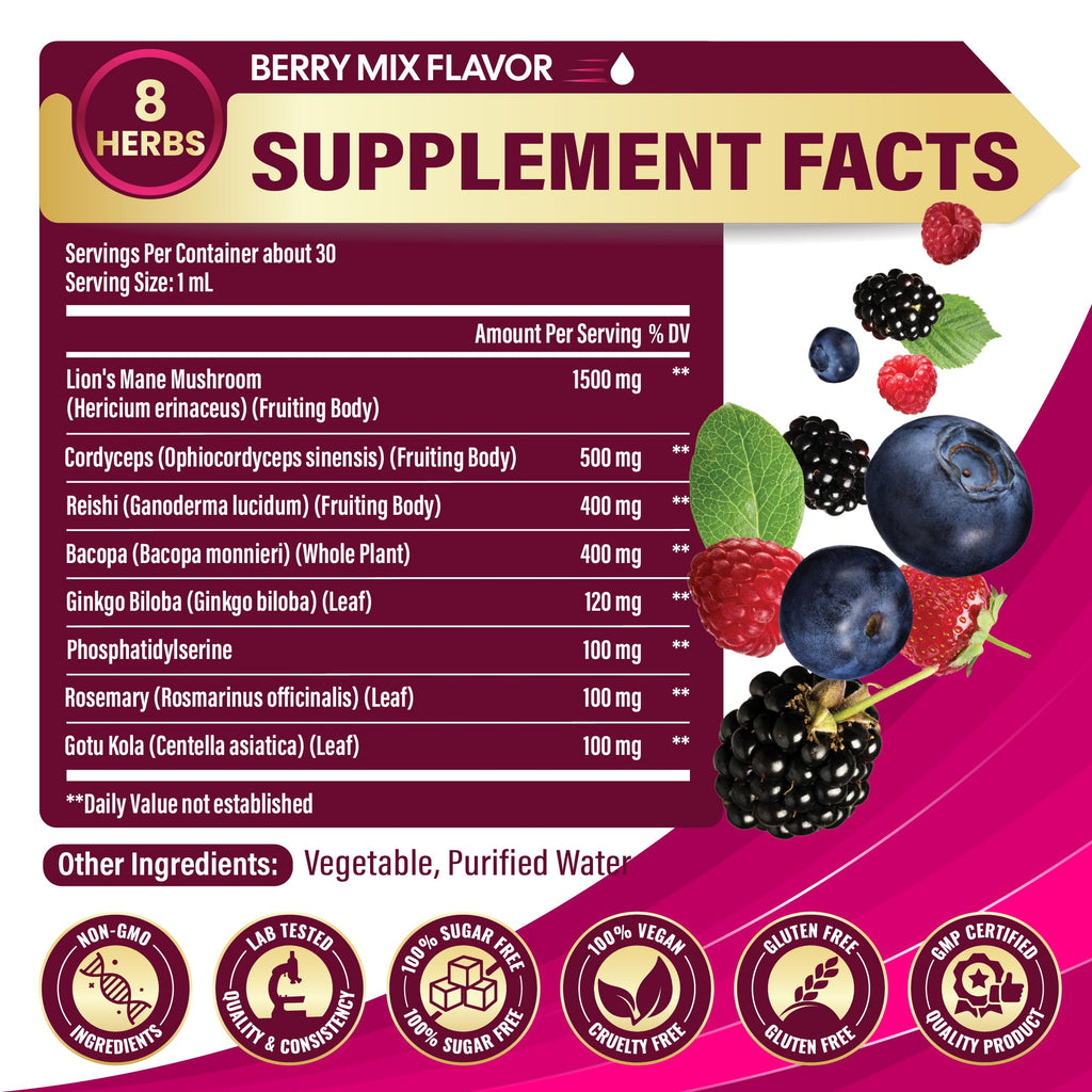 Tenmido Brain & Focus Support Liquid Drops - 8in1 with Lions Mane, Cordyceps, Reishi, Bacopa, Ginkgo Biloba, Phosphatidylserine, Rosemary, and Gotu Kola - 30ml 1 Fl Oz