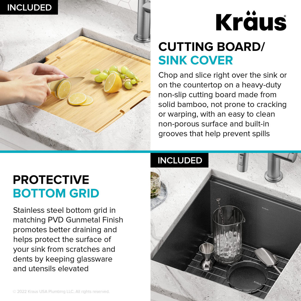 KRAUS Kore Workstation 17-inch Undermount 16 Gauge Black Stainless Kitchen Sink, Single Bowl Kitchen Sink in PVD Gunmetal Finish with Accessories, KWU1101-17-PGM