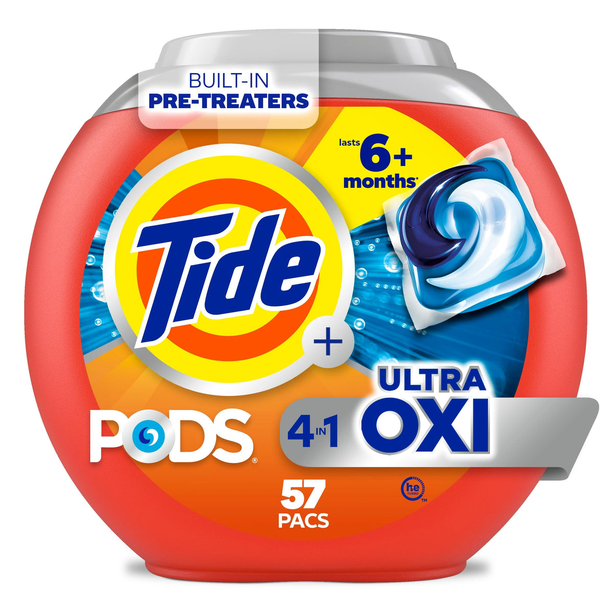 Tide 4-n-1 Ultra Oxi PODS Laundry Detergent Pacs, 57 Count, HE Compatible, Built in Pre-treater for Stains