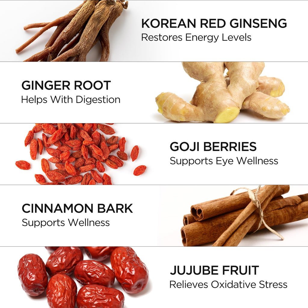 JUNG KWAN JANG Hong Sam Won Korean Red Ginseng Drink | Energy Drink, Pre Workout, Herbal Tea, Ginseng Supplement | Jujube, Ginger, Cinnamon, Goji Berry | Vegan Friendly (20 Count)