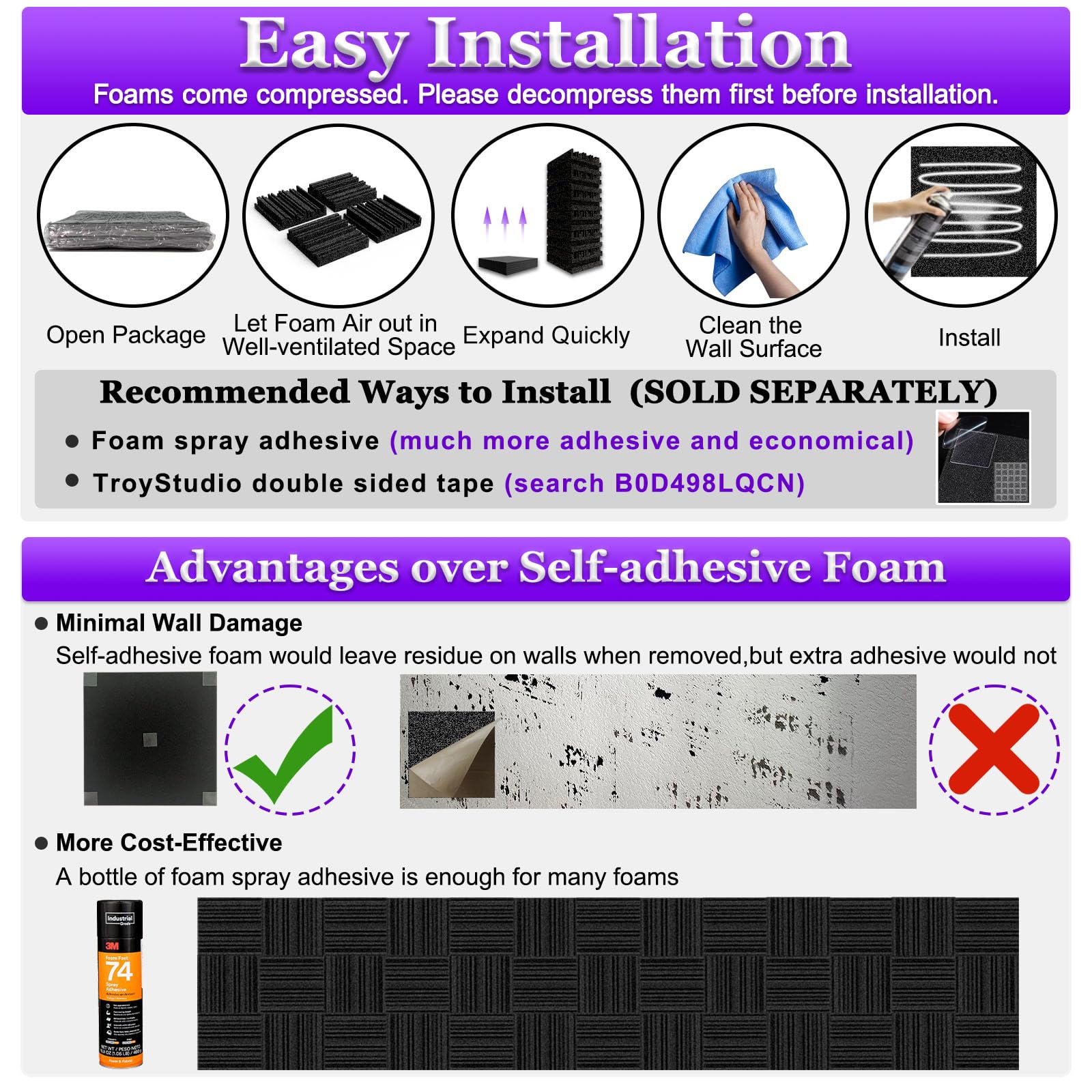 TroyStudio Thick Acoustic Foam Panels, 12 X 12 X 2 Inch 12 Pcs Broadband Sound Absorbing Foam, Dense Soundproof Padding Tile, Recording Studio Foam Absorber, Groove Decorative 3D Wall Ceiling Panel