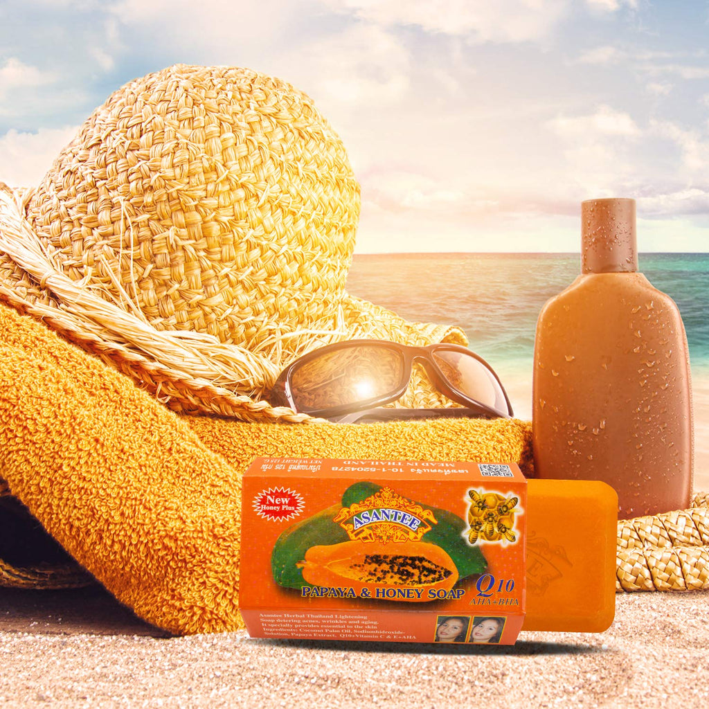 ASANTEE PAPAYA & HONEY Soap Bars with Vitamin C,E and Q10 Skin Cleansing 4.40 Oz (Pack of 3)