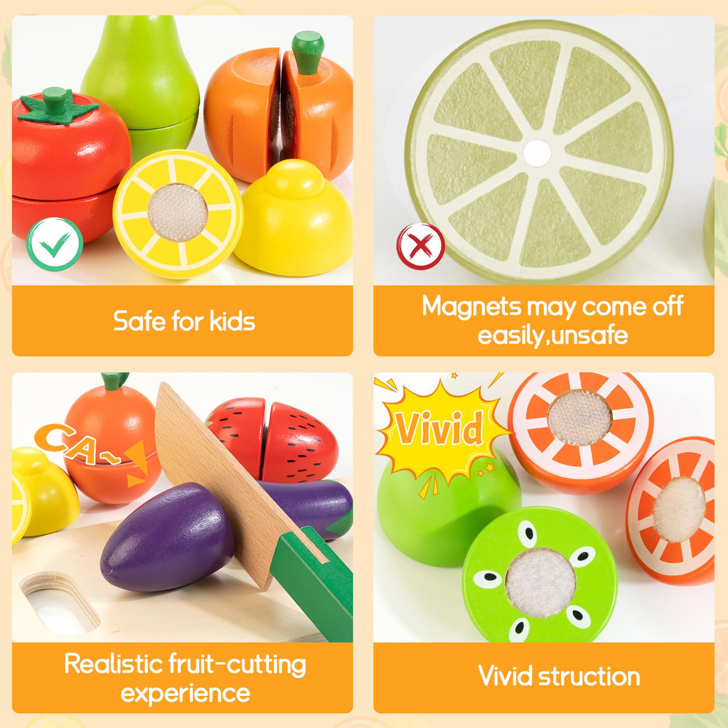 Wooden Play Food for Toddlers, Fruit & Veggies Cutting Set for Play Kitchen