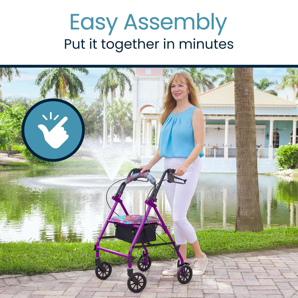 Vive Mobility Steel Rollator Walker with Seat - Foldable, Narrow, Rolling Senior Walker for Small Spaces - 4 Wheel Lightweight Adult Easy Drive with Underseat Storage, Adjustable Height (Black)
