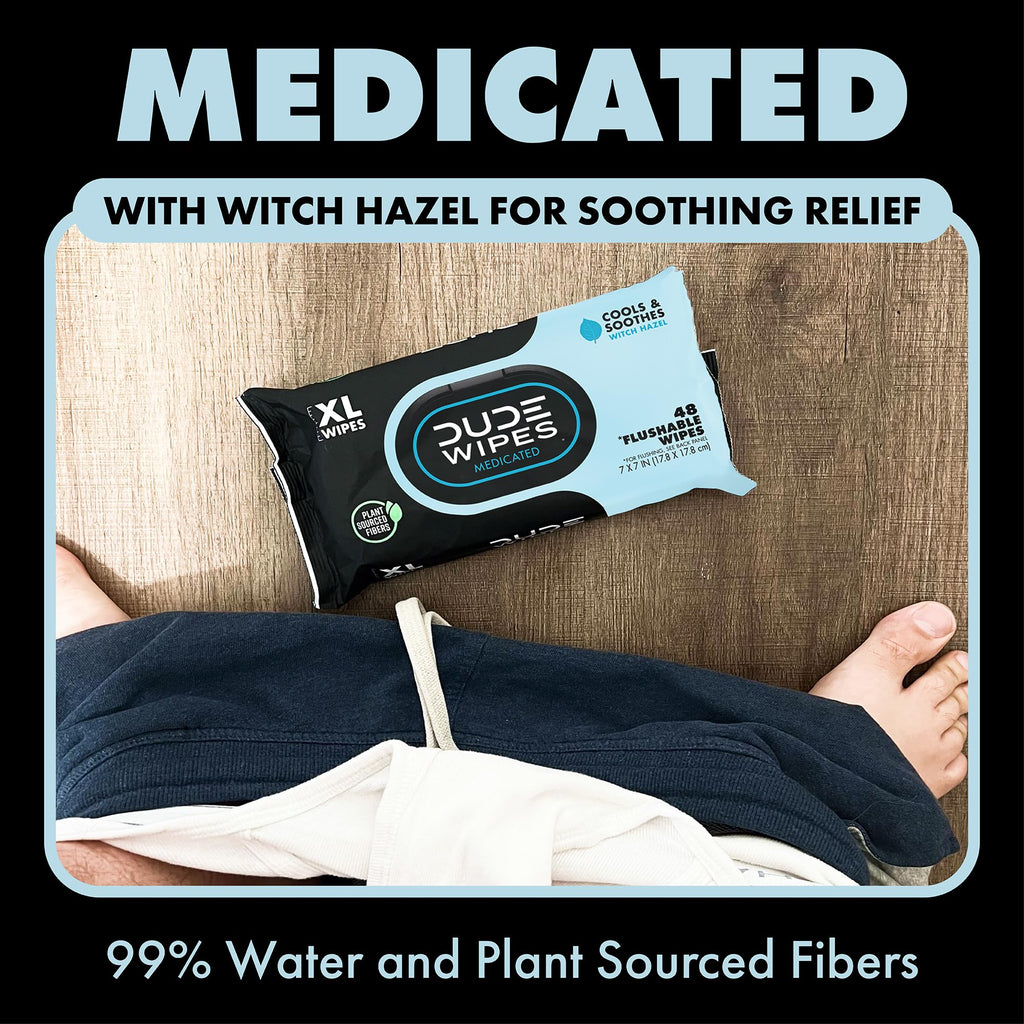 DUDE Wipes Fragrance Free Hemorrhoid Flushable Wipes - 3 Pack (144 Count) - Extra-Large, Medicated with Witch Hazel for Soothing Relief - Septic and Sewer Safe